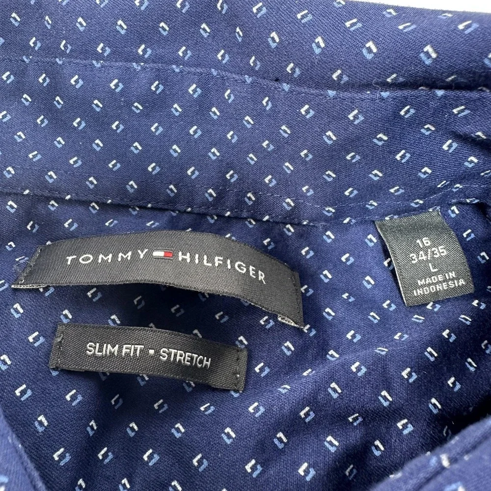 Tommy‎ Hilfiger Shirt Mens Large Blue Slim Fit Stretch Geometric Button Down